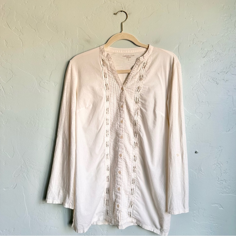 Coldwater Creek Women’s Cream Cotton Button Up Beaded Summer Tunic Shirt Small‎